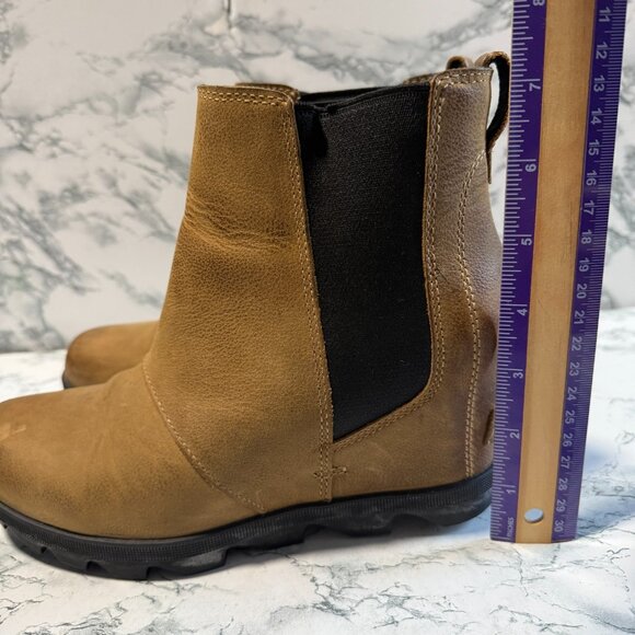 Sorel Women 7.5 Joan of Arctic Boot Tan Hidden Wedge Burnished Leather Chelsea - Picture 4 of 7